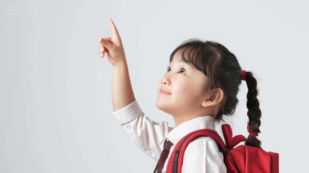 教育背书包的小女孩手指向上指