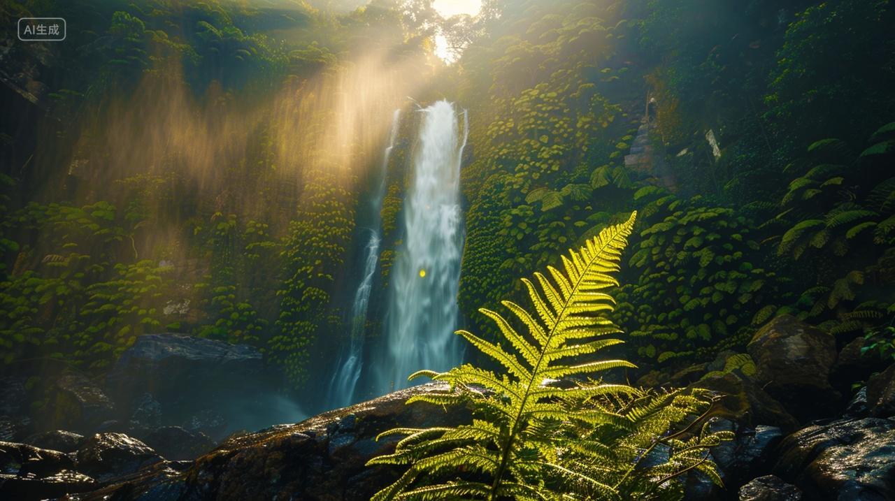阳光穿过原始森林森瀑布流水夏季风景