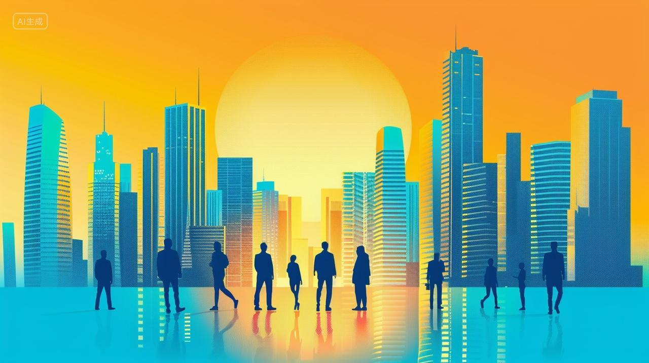 扁平风城市建筑和上班族