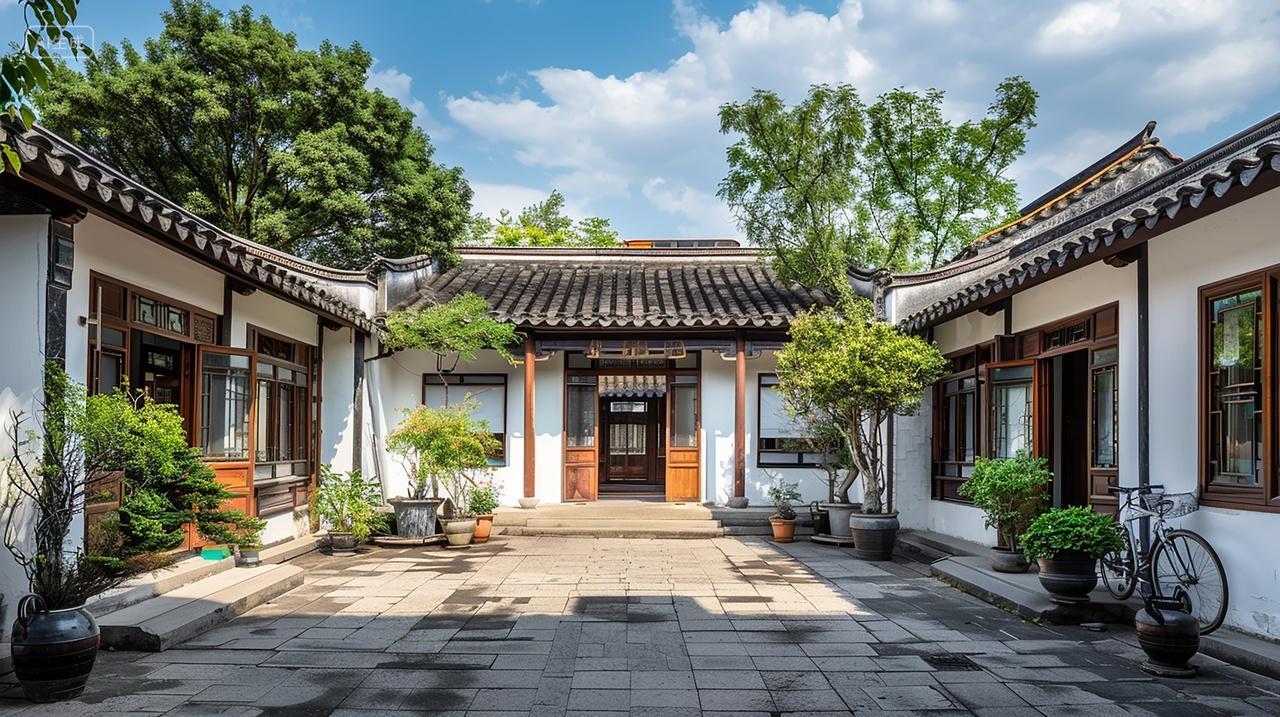 实拍蓝天白云下北京四合院房子建筑