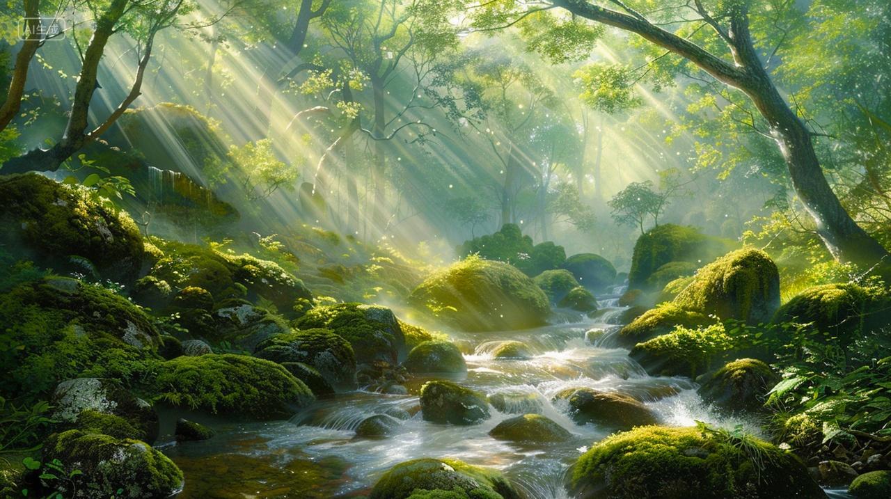 清晨阳光透过森林日出风景