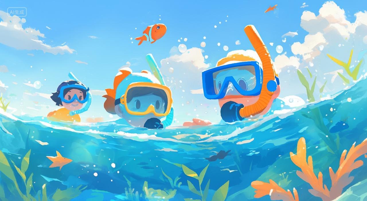 夏日休闲插图带着潜水装备探索海底