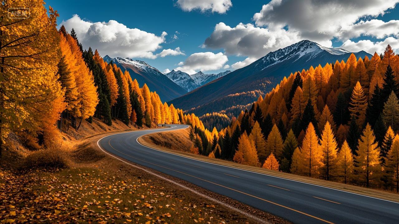 秋天大山深处蜿蜒的公路户外旅游风景壁纸