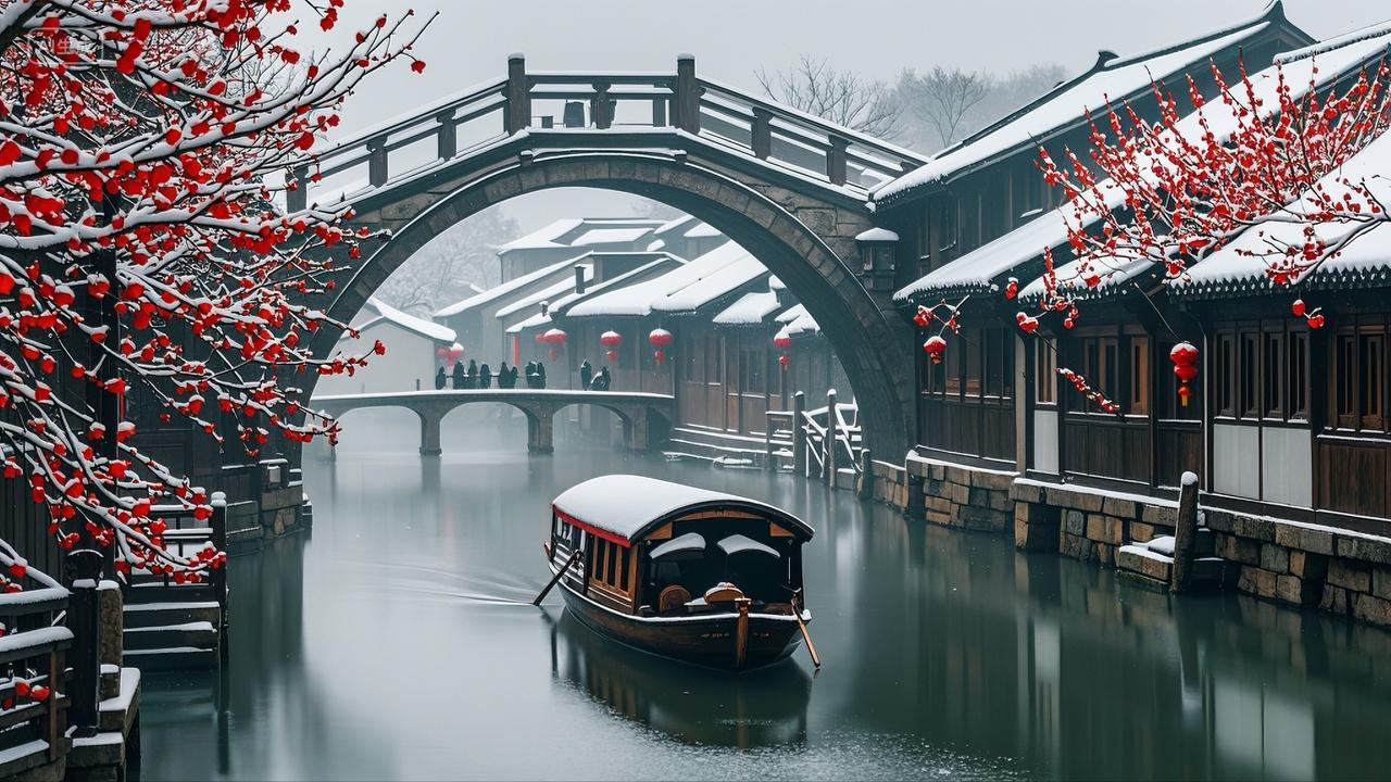 下雪后的中国乌江镇江南水乡画面风景壁纸