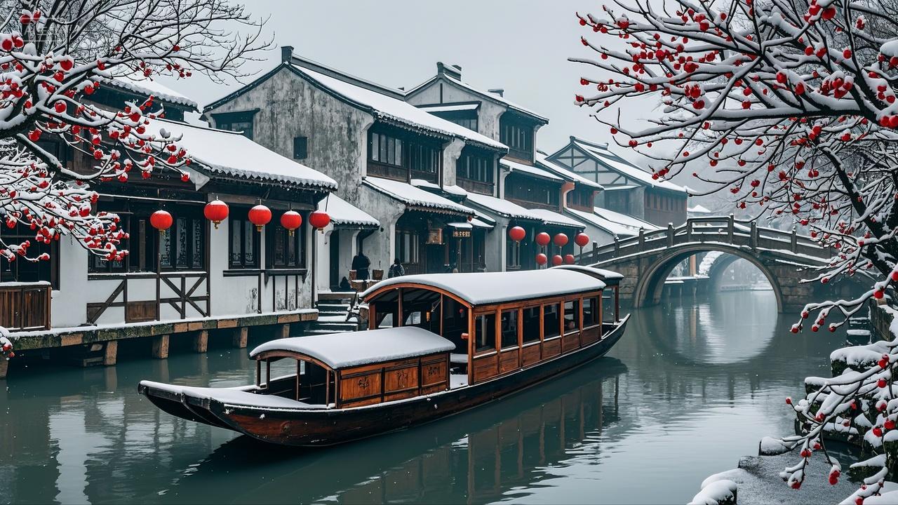 下雪后的中国乌江镇江南水乡画面风景壁纸
