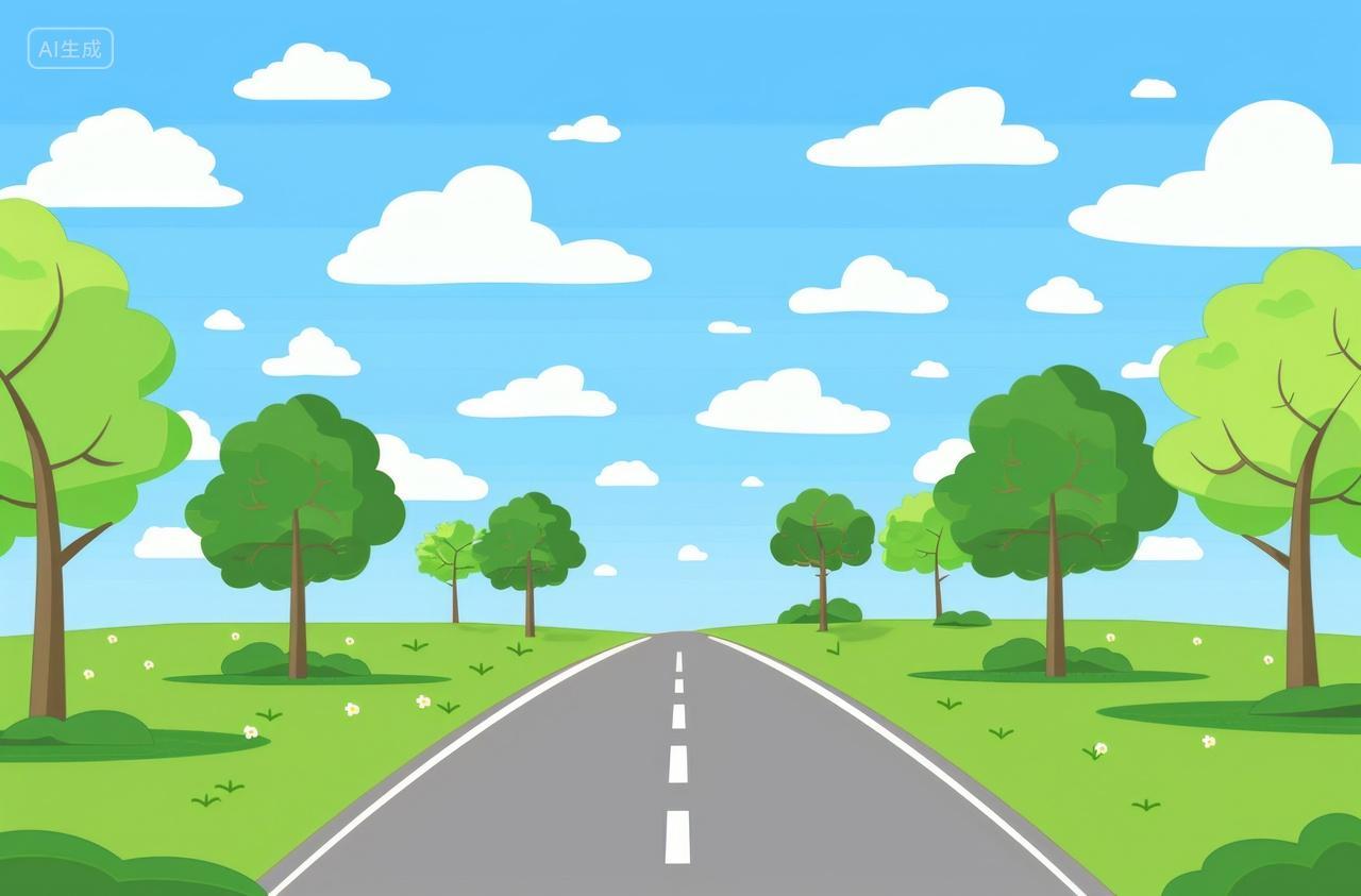 蓝天白云的公路与绿色树木卡通插图