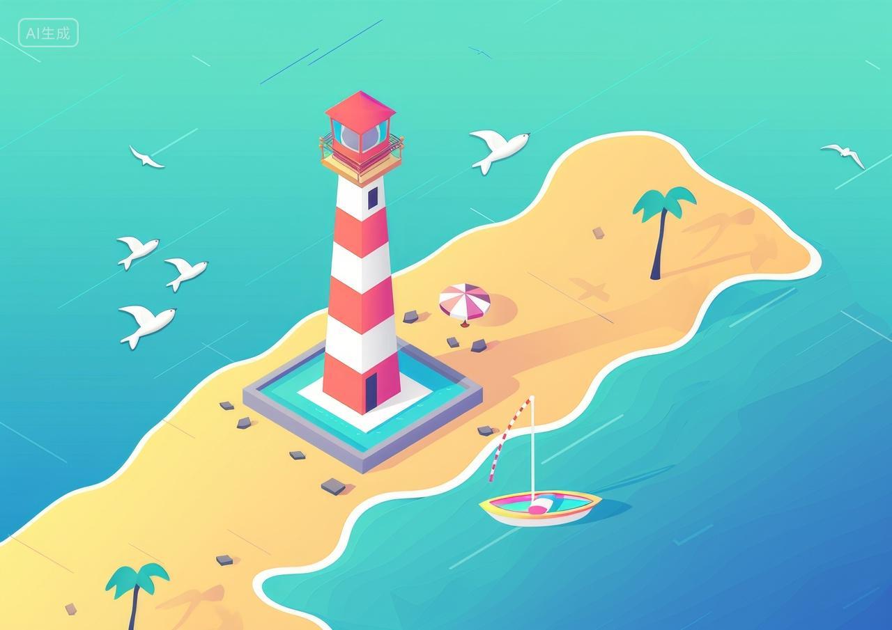 2.5D插图夏日海滩上的瞭望塔