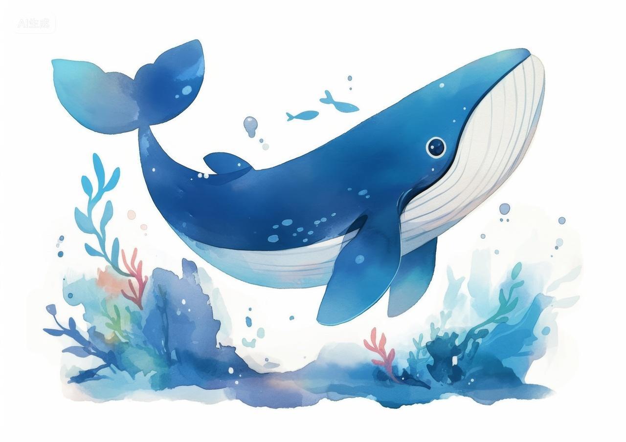 水彩风格蓝鲸插图元素