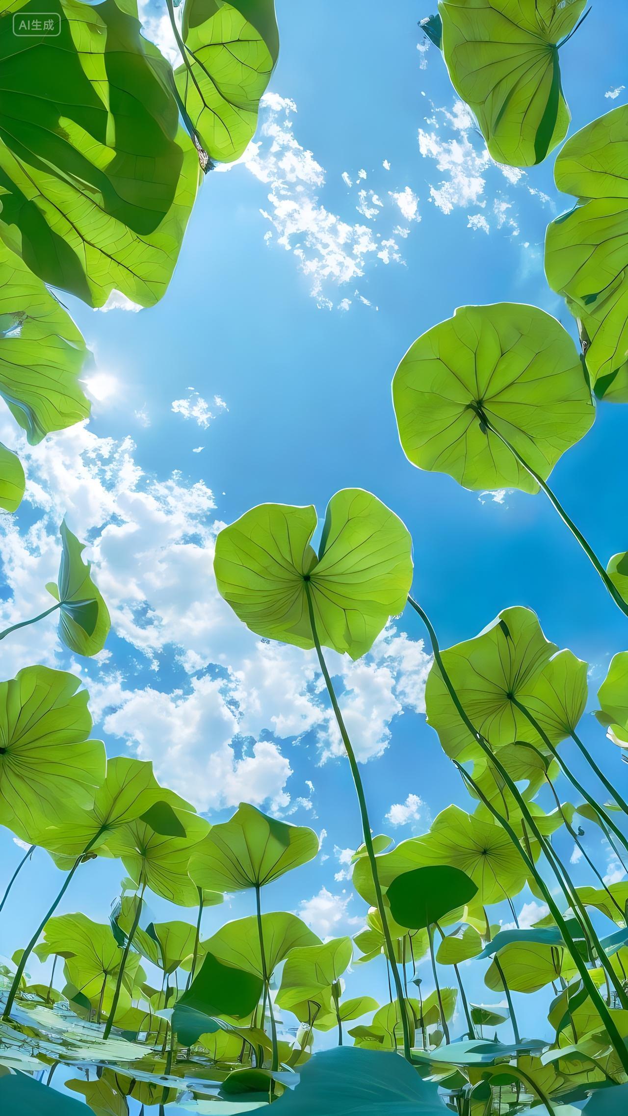 夏日茂盛的荷花荷叶蓝天白云晴朗天气手机背景手机屏保