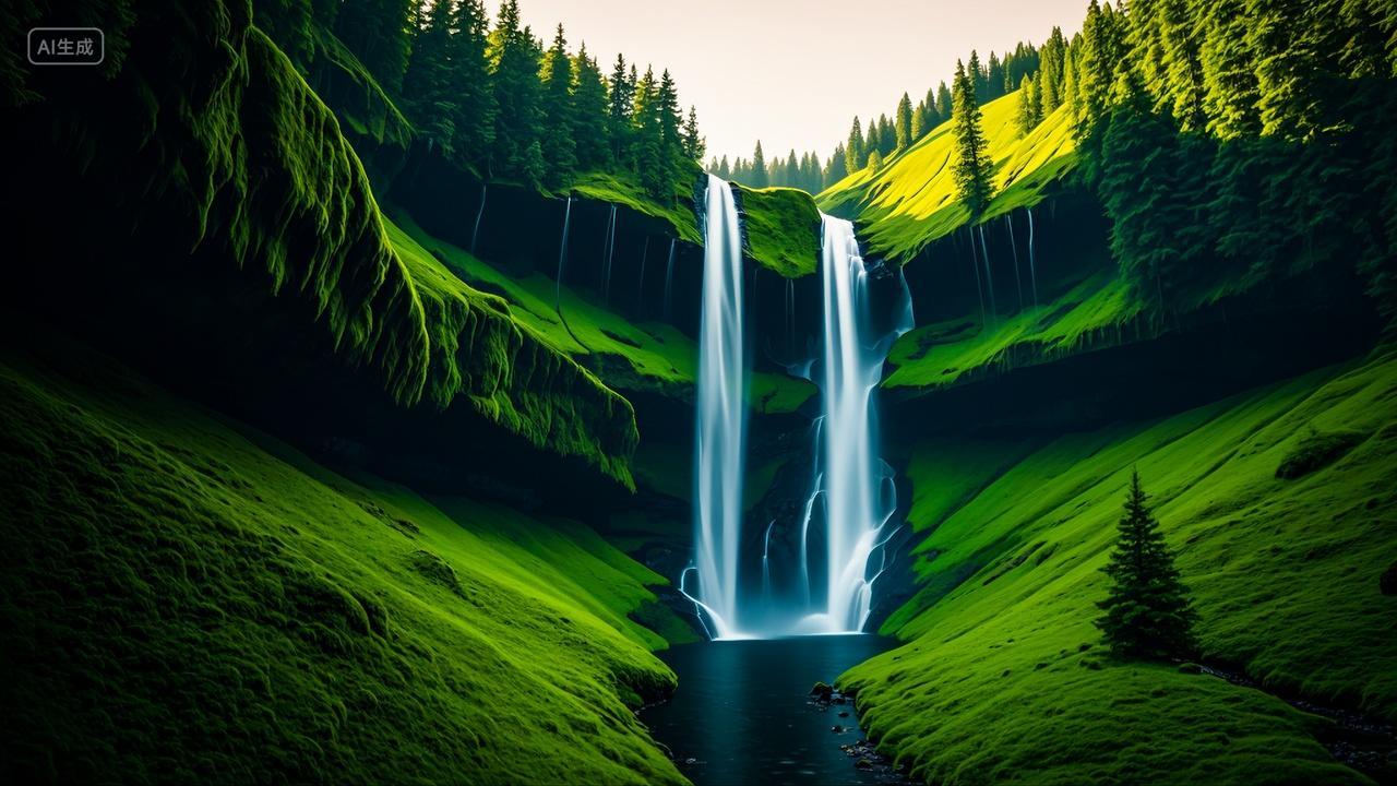 大山深处悬挂的瀑布风景壁纸