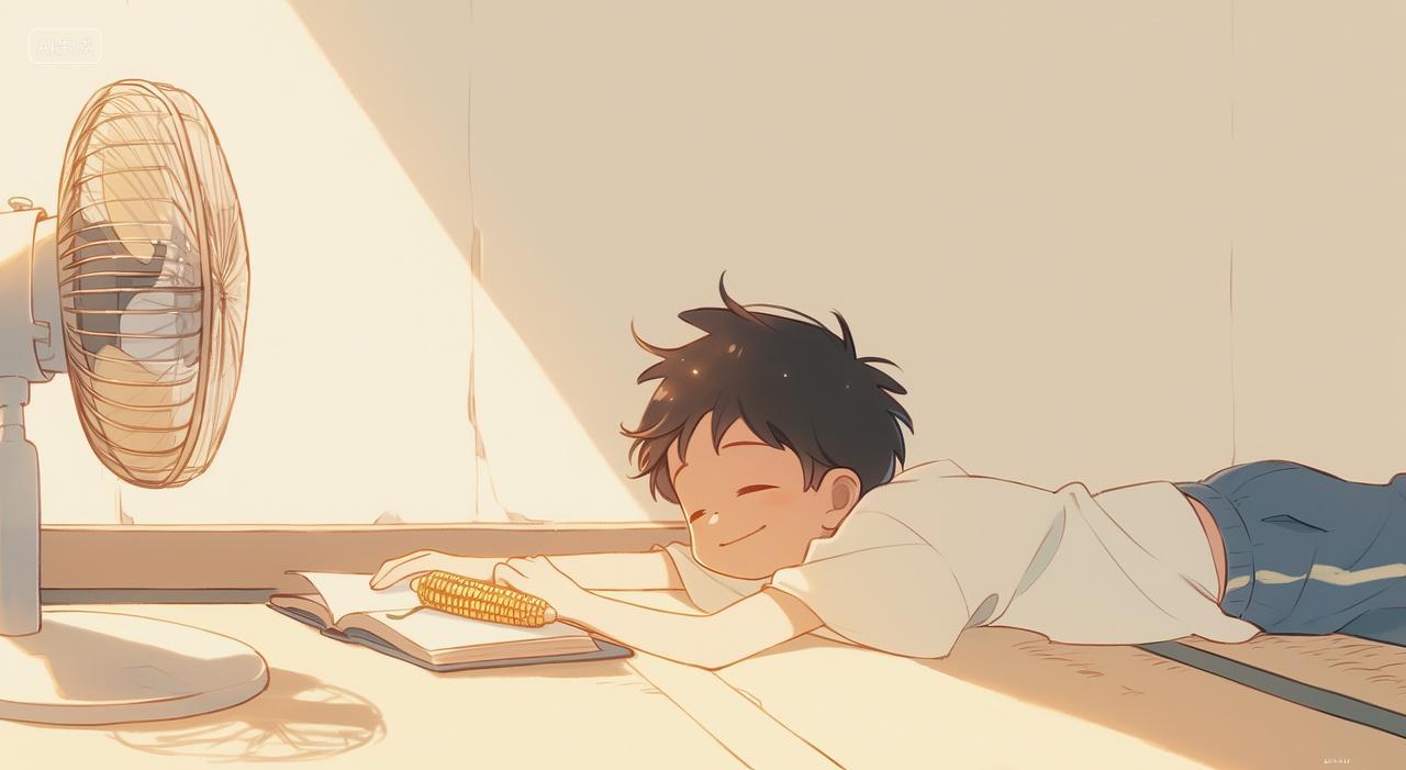 趴在地上吹着风扇的男孩夏天