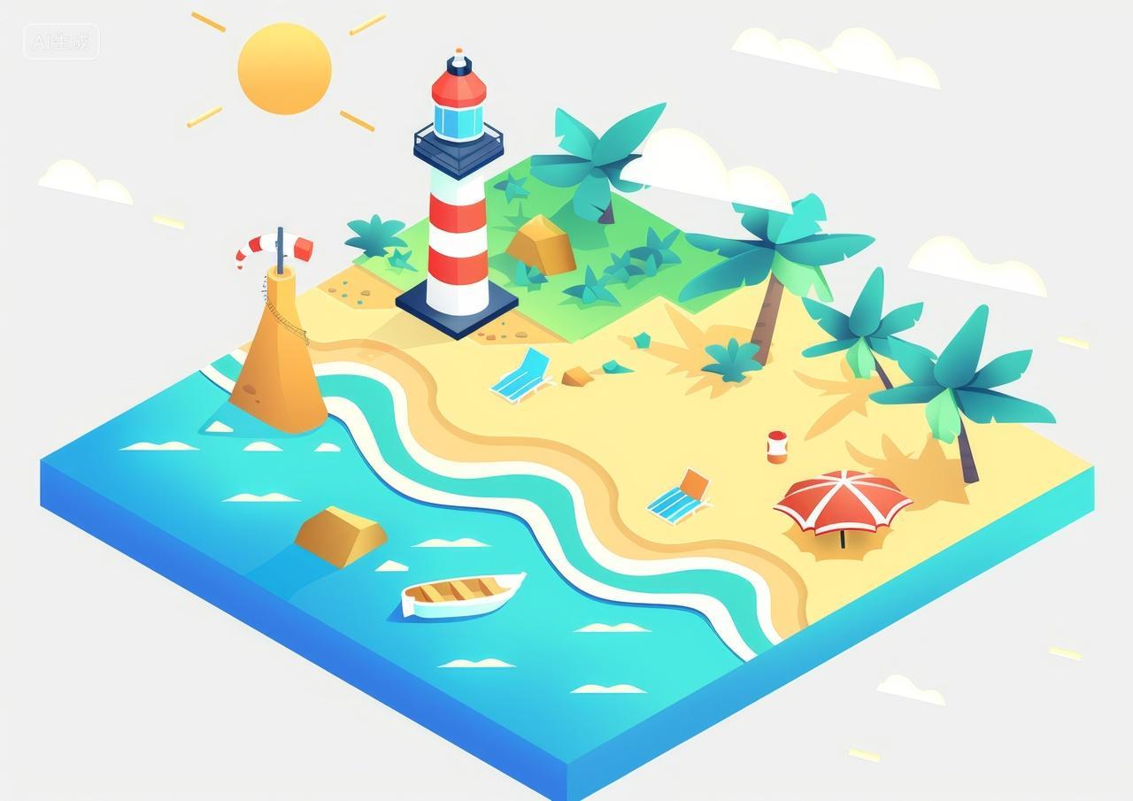 2.5D插图夏日海滩度假风景