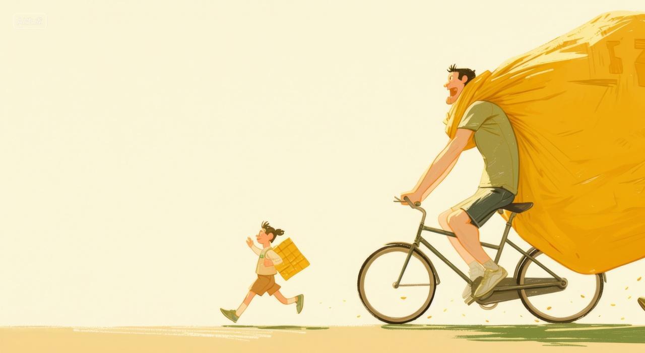 骑着自行车拉货的父亲和追逐的孩子