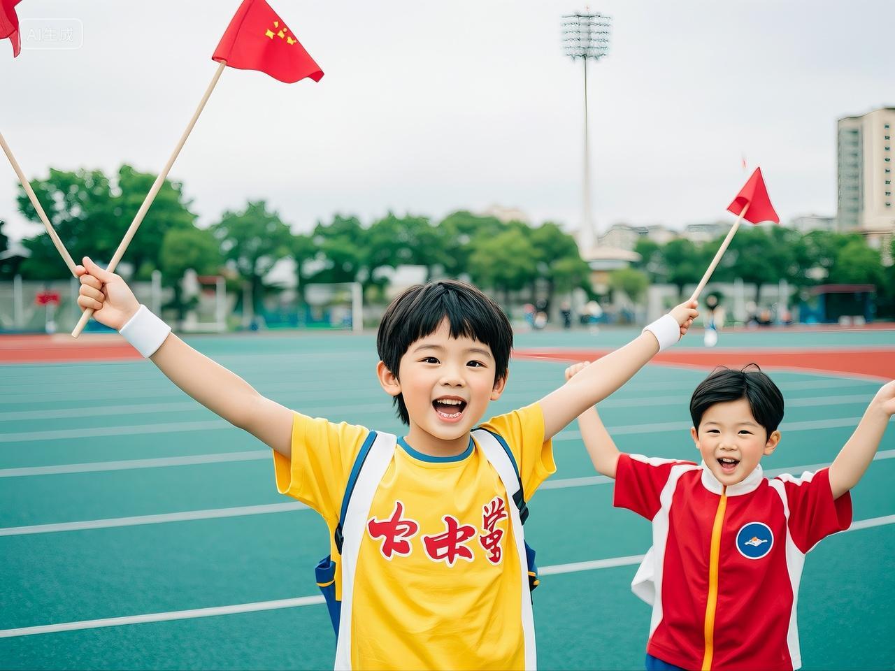 可爱的小朋友在操场上为奥运会加油助威开心兴奋