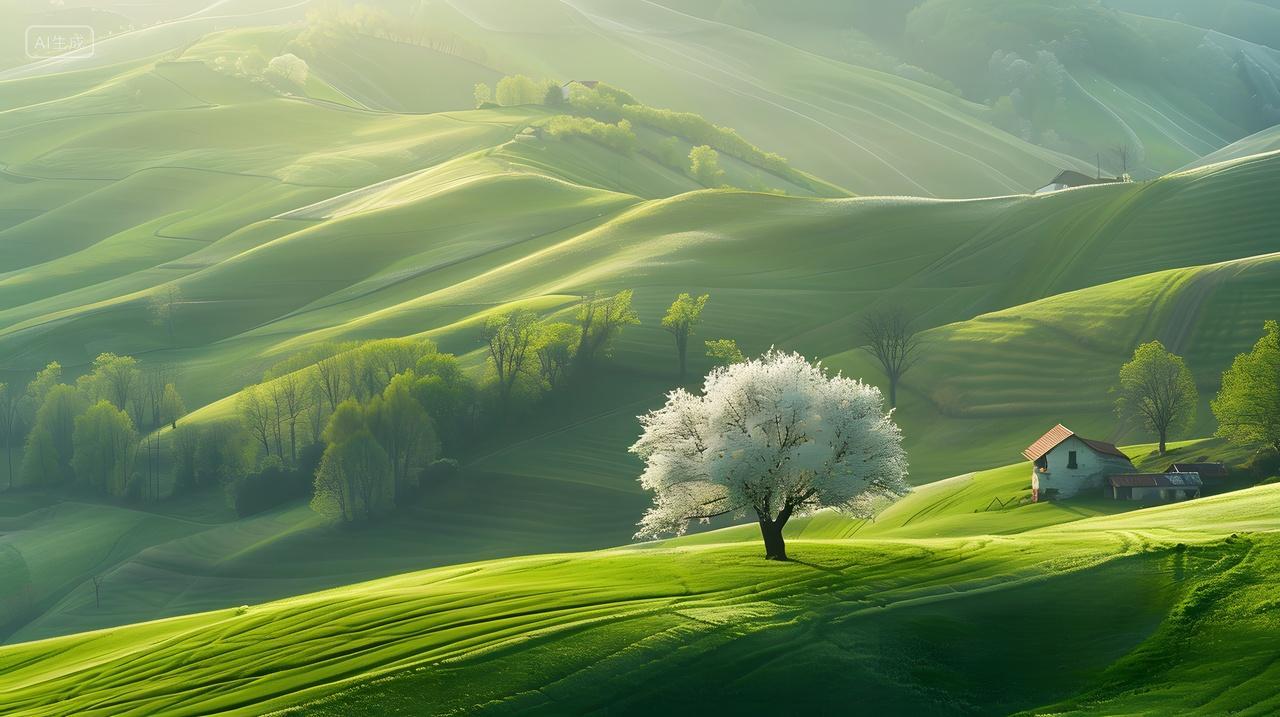 春天绿色田野与开花的树风景壁纸