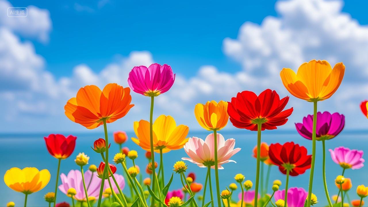 蓝天白云下盛开的鲜花花朵花卉风景壁纸