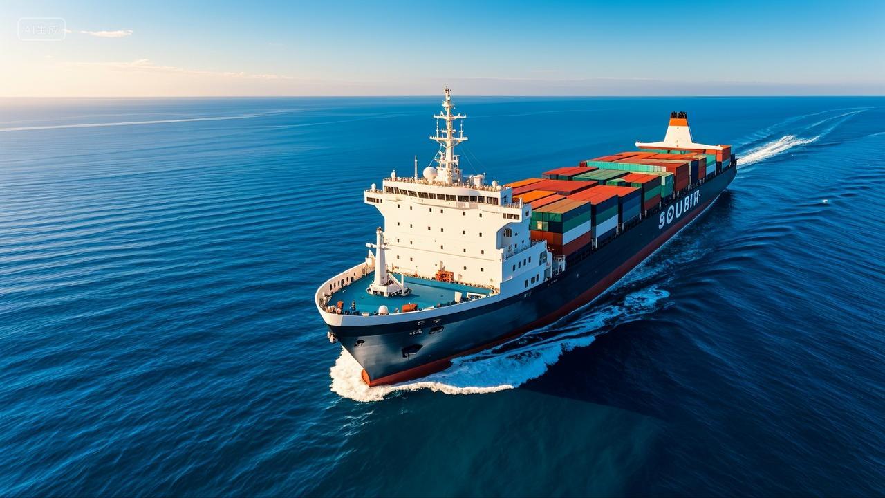蓝色大海上的大型集装箱货轮船海洋运输交通运输