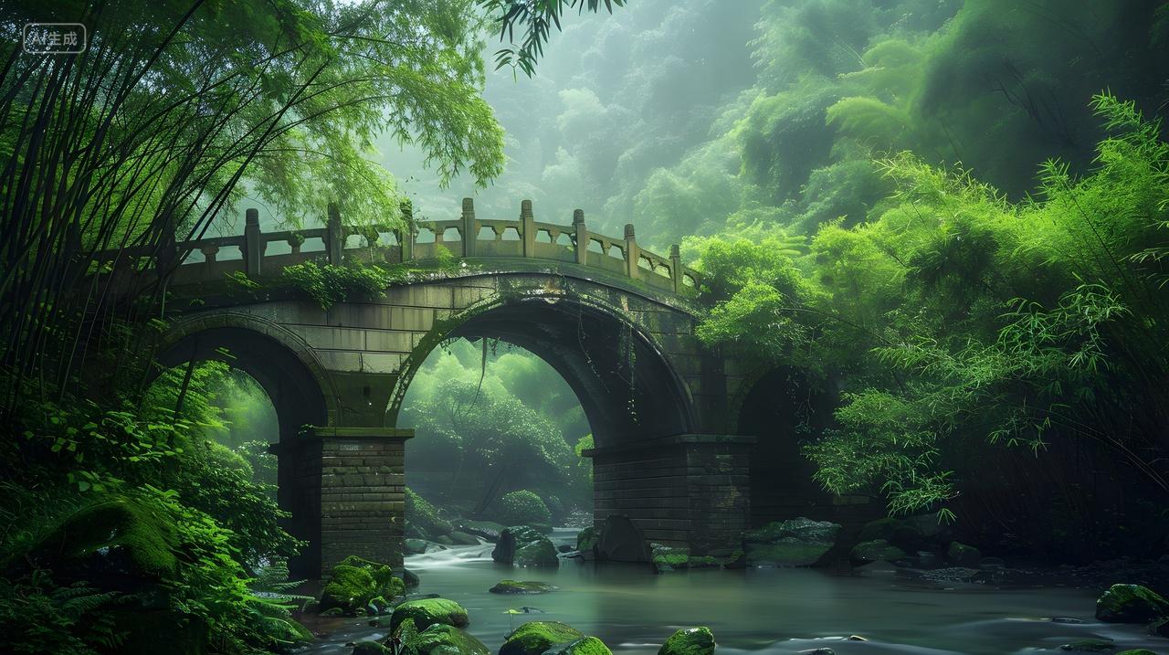 竹林中的古桥自然风景