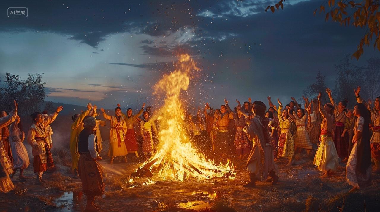 火把节一堆人围这篝火熊熊载歌载舞开心温馨愉快素材背景插画