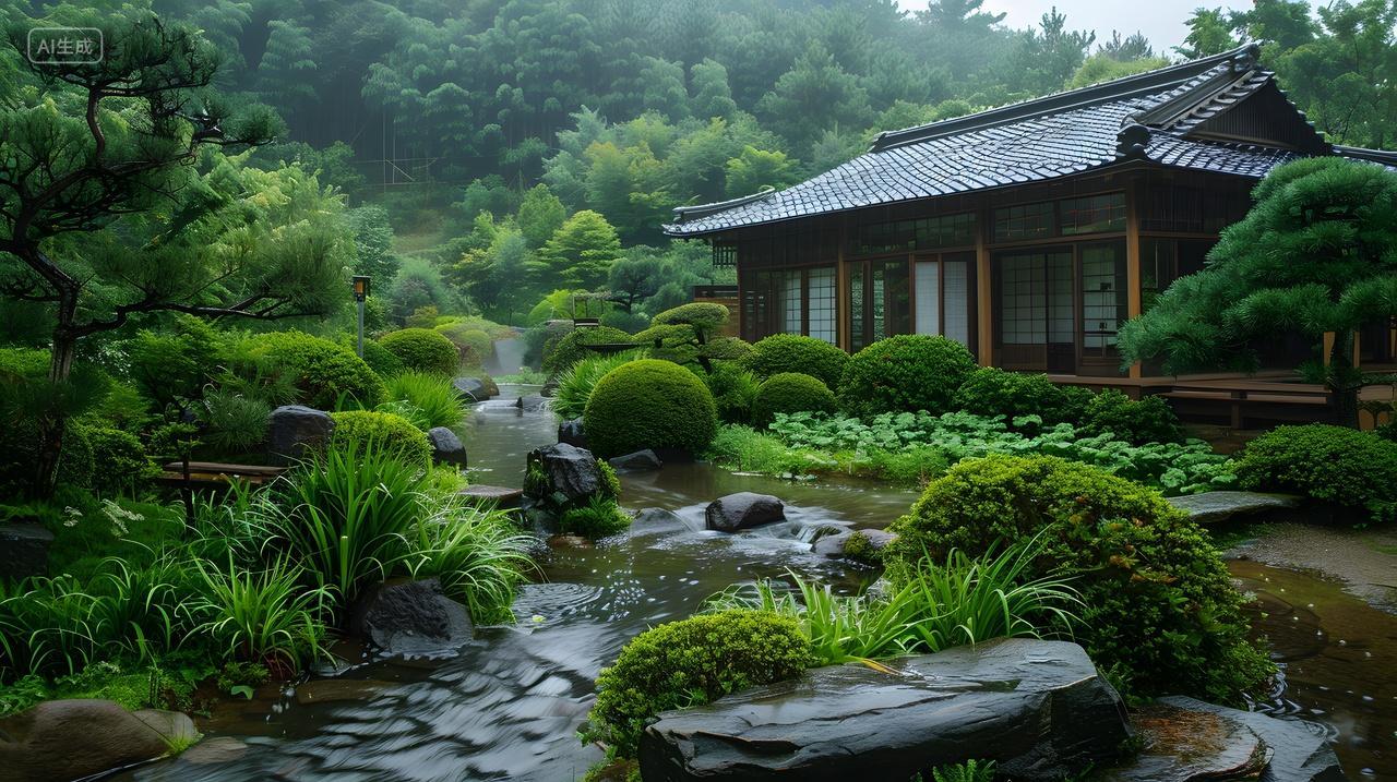 日式庭院与小溪自然风景