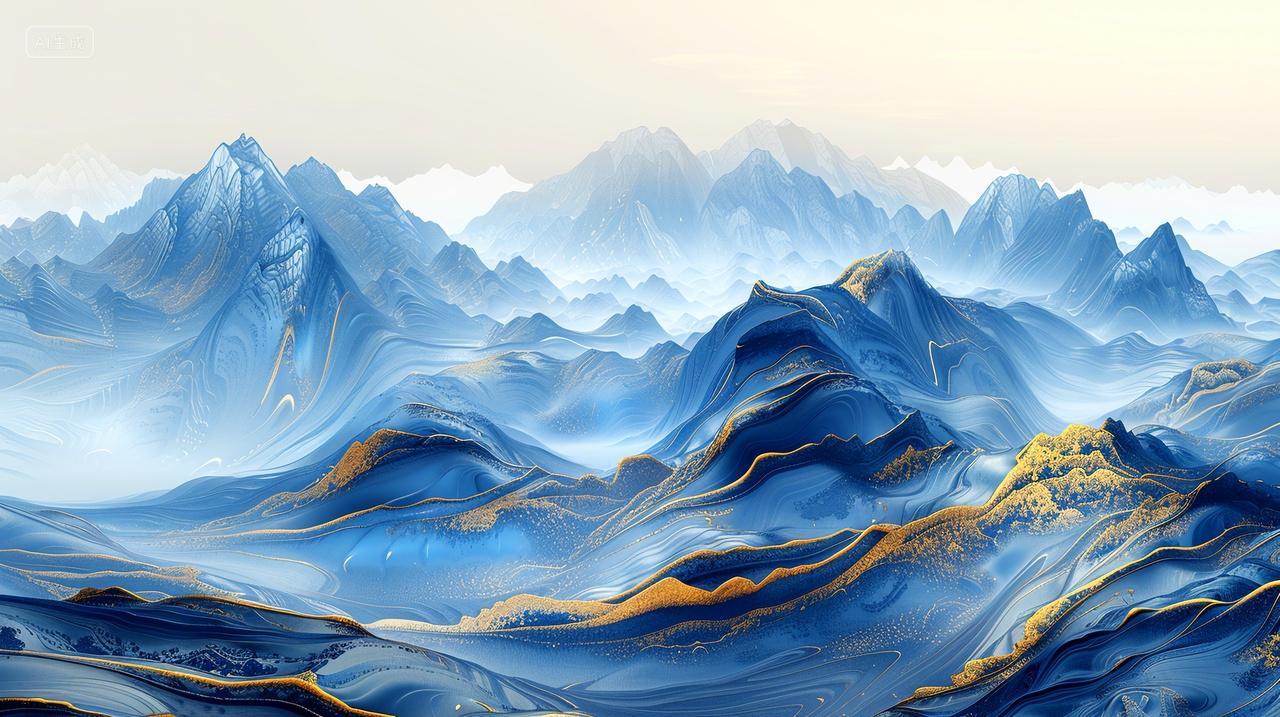 蓝金交织的抽象山川艺术风格背景画