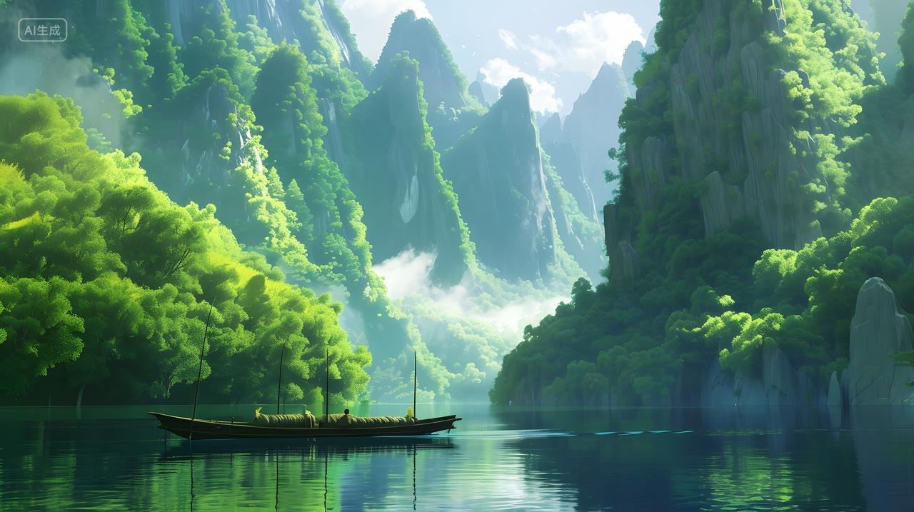 山间河流小船自然风景