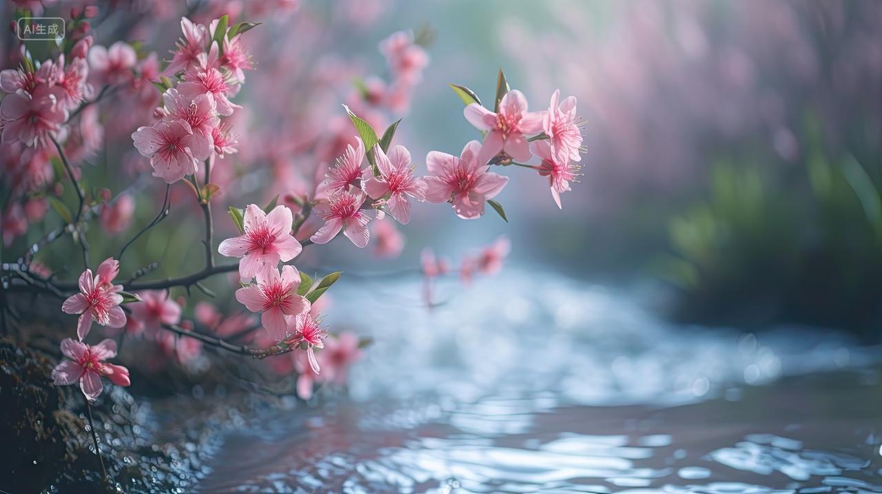 春天唯美梦幻溪水边的桃花