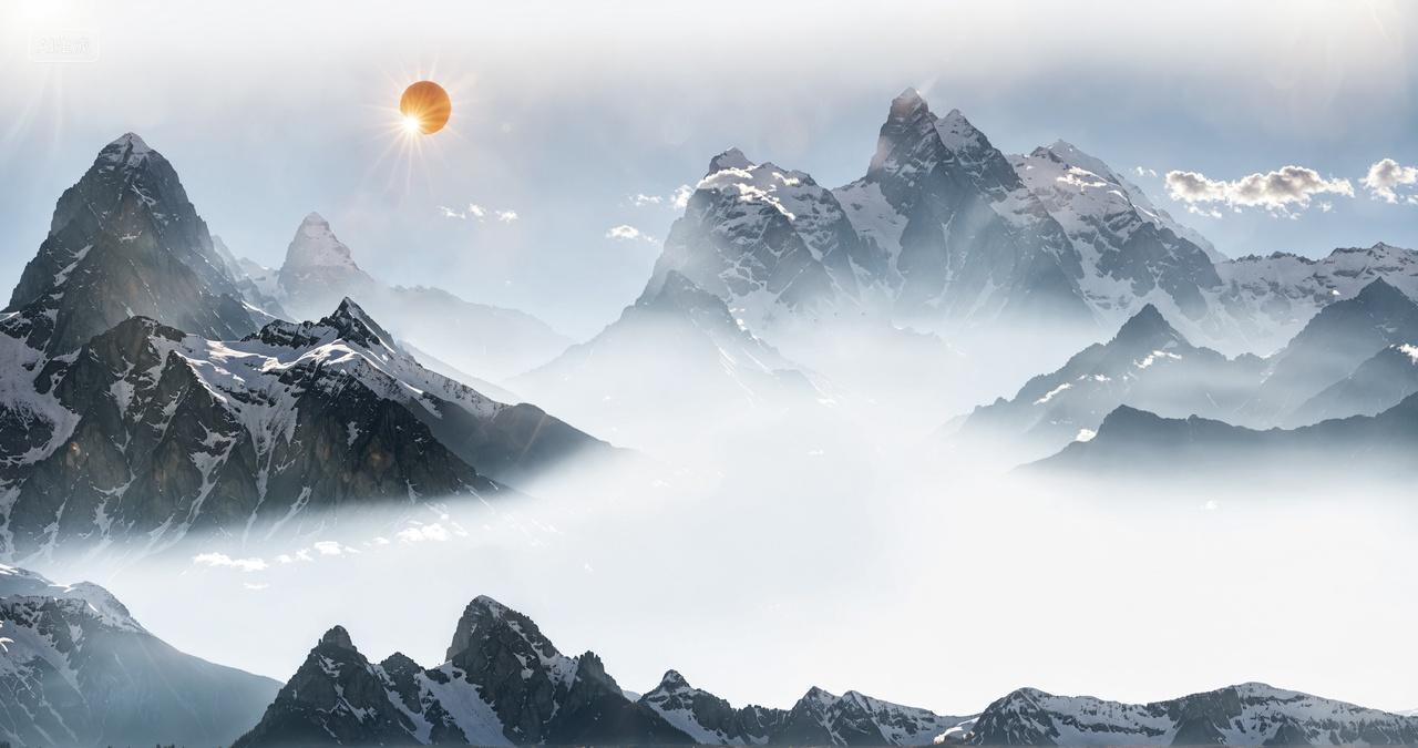 水墨太阳山峰云海中国风背景