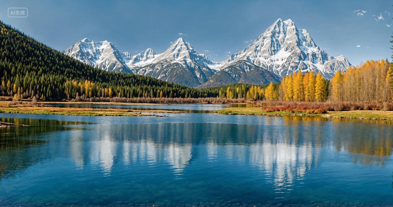 雪山山峰山水湖面自然风景