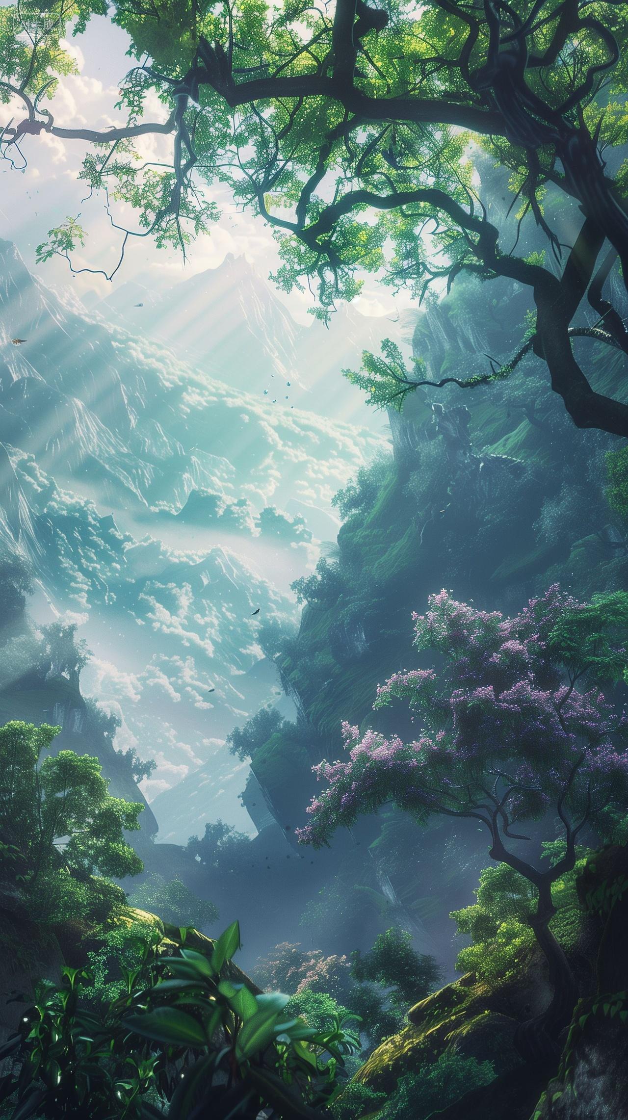 绿意盎然山谷树木背景竖图