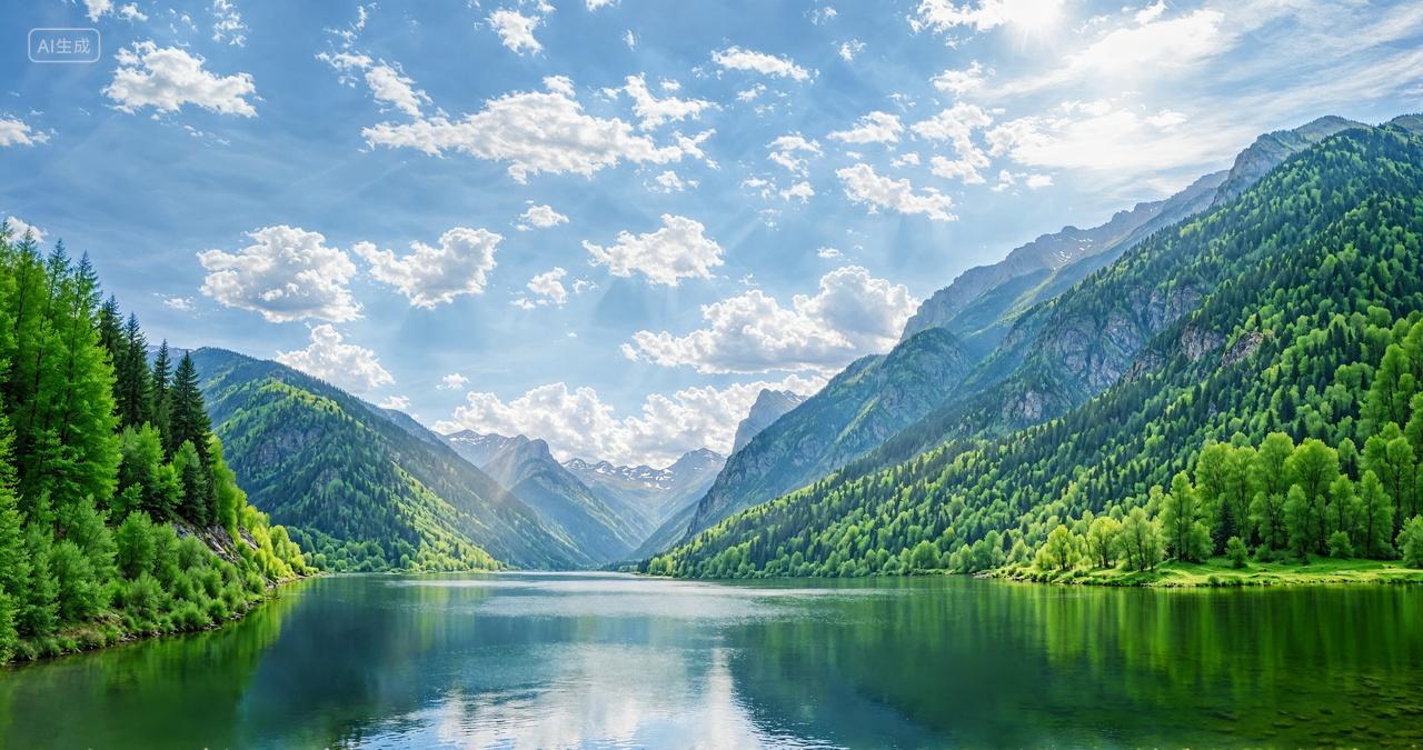 蓝天白云山峰湖面青山绿水自然风景