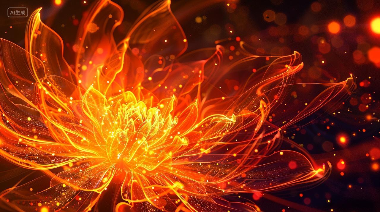 一朵盛开的火莲金色背景