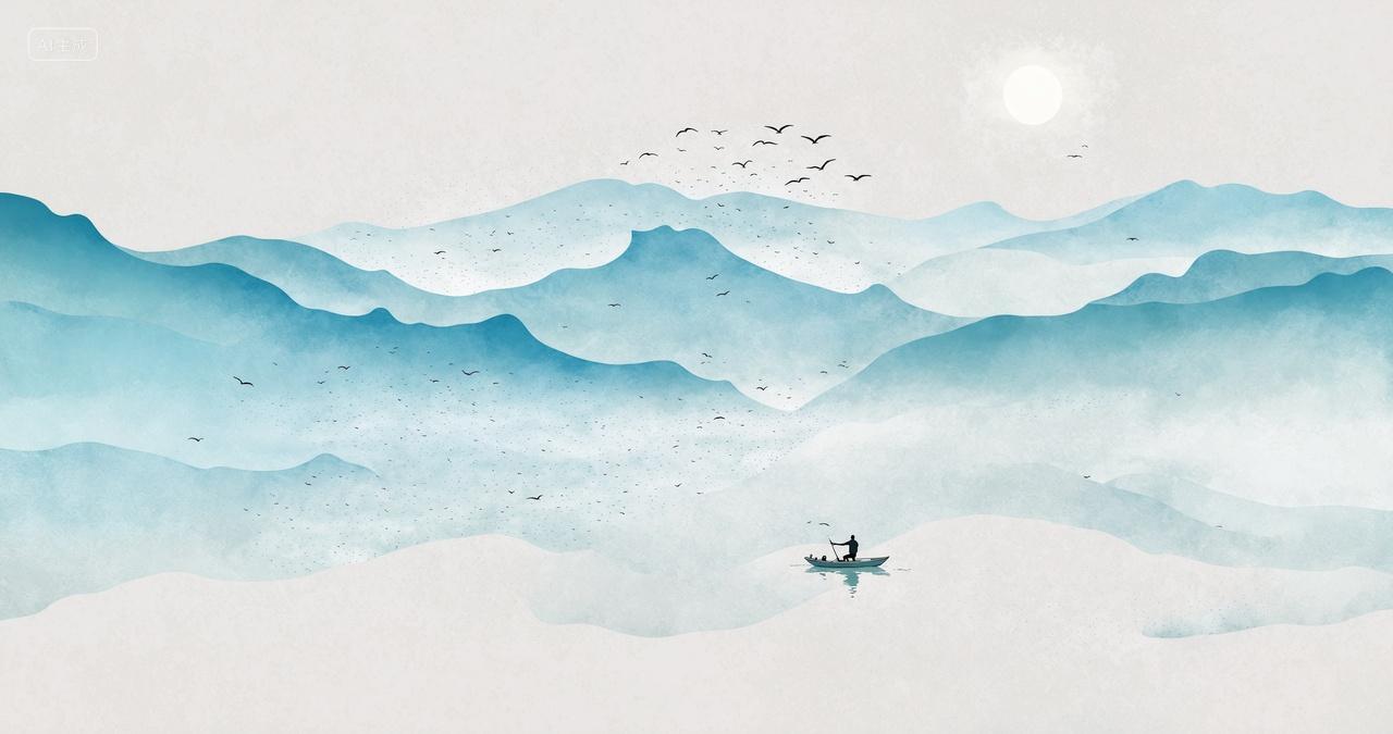 水墨山水江面小船中国风背景