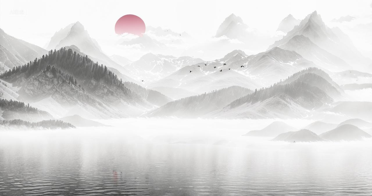 水墨红日山水中国风背景