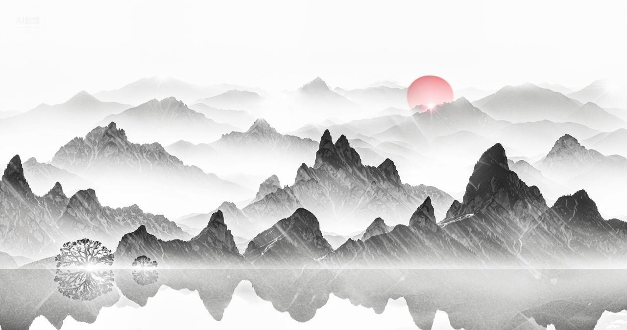 水墨太阳山峰中国风背景
