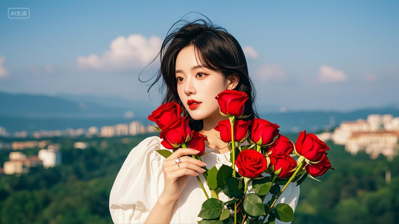 七夕情人节美女手捧玫瑰花浪漫爱情