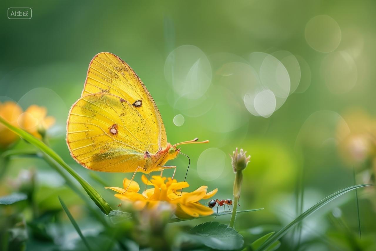 正在花丛中的觅食的黄色蝴蝶