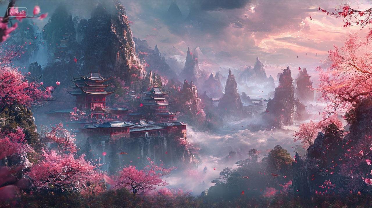 粉色桃花山谷建筑风景仙侠游戏