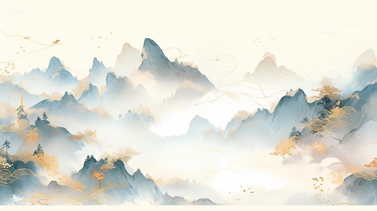 浅粉金色水彩中国风山水画立秋秋分秋季秋天渐变素材背景