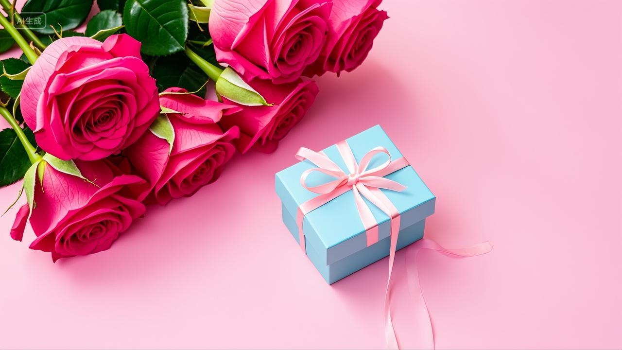 七夕情人节玫瑰花和礼盒礼物粉色背景浪漫爱情