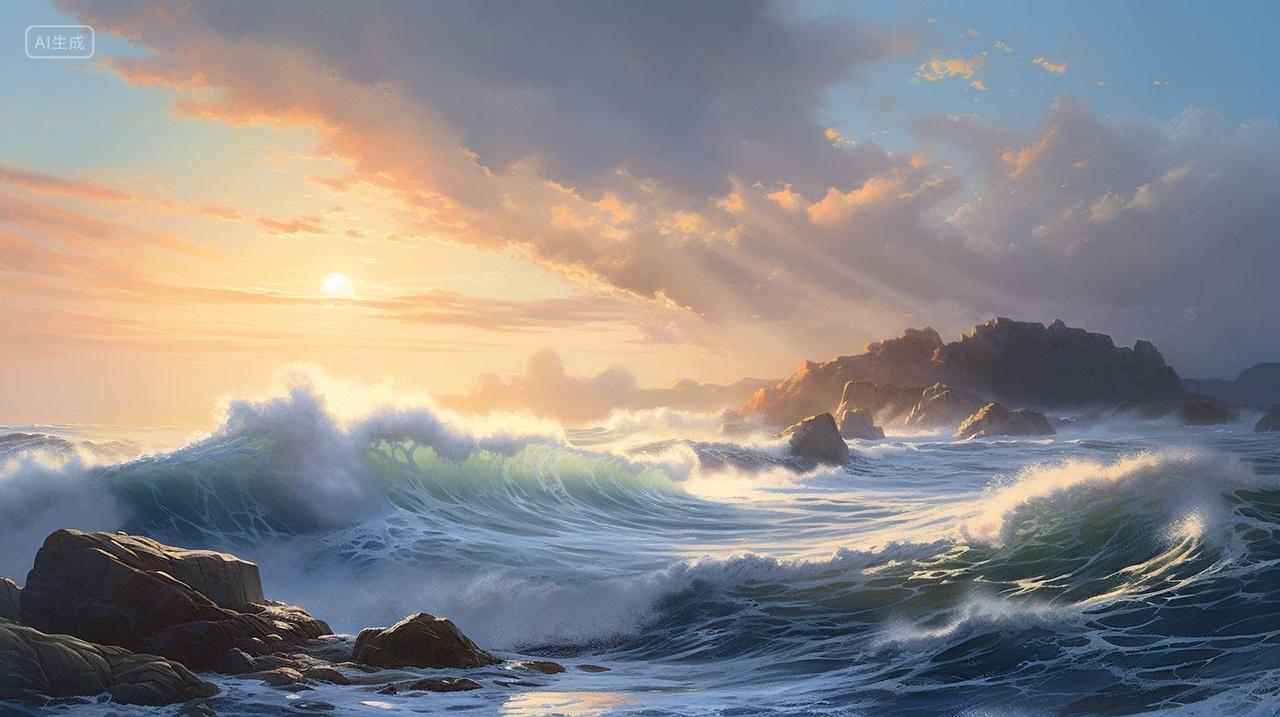 夕阳浪涛礁石企业精神