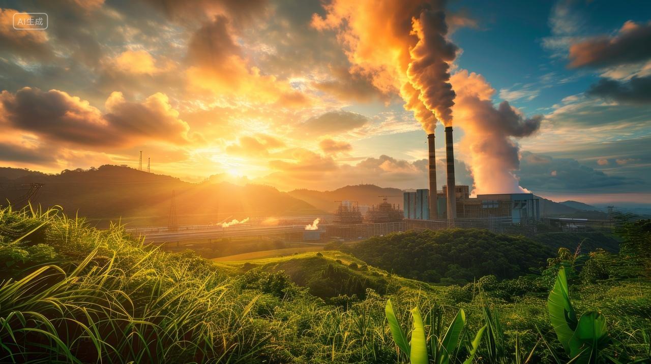 夕阳下正在冒着浓烟的火力发电厂