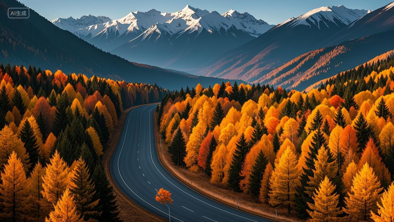 秋天大山深处蜿蜒的公路户外旅游风景壁纸