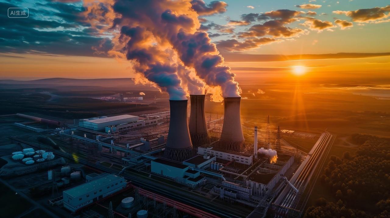 夕阳下正在冒着浓烟的火力发电厂