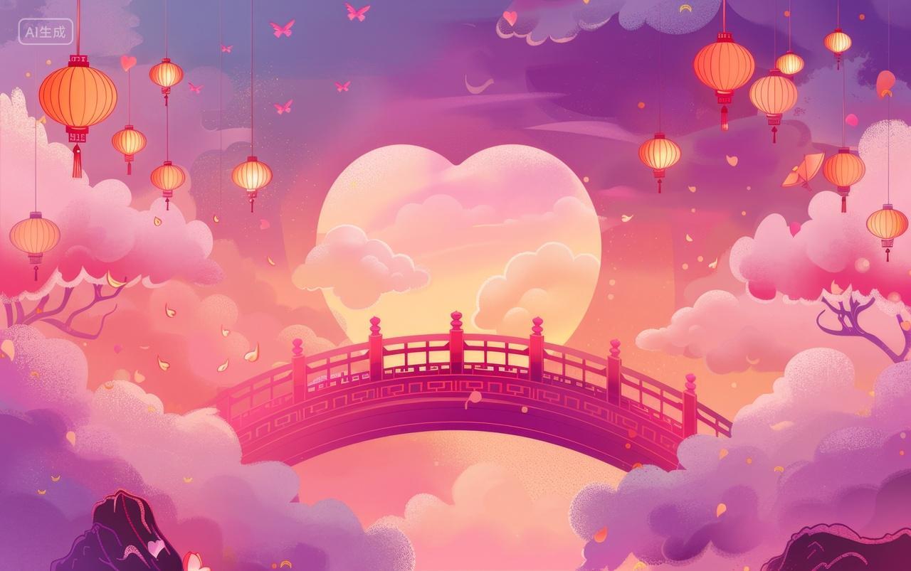 七夕插画鹊桥和爱心