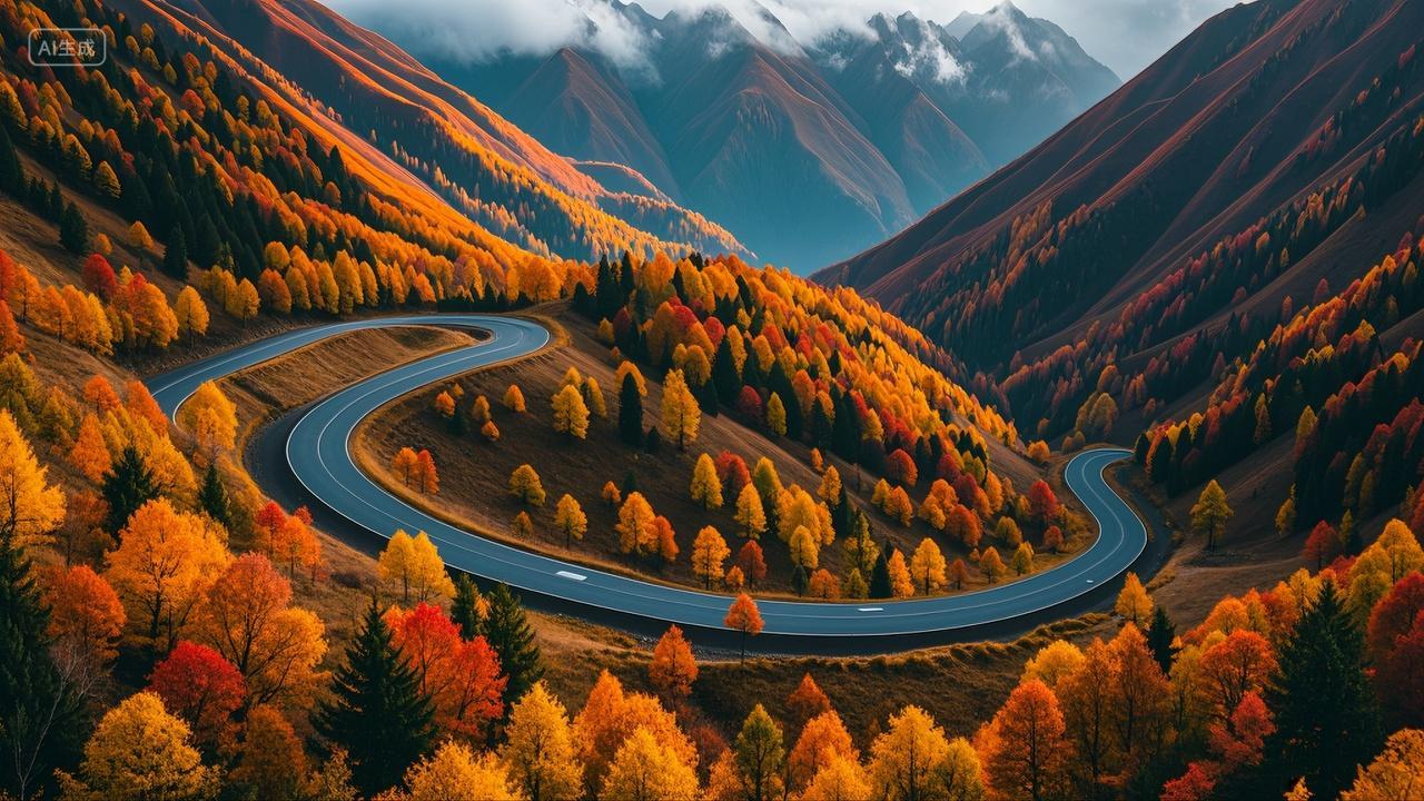 秋天大山深处蜿蜒的公路户外旅游风景壁纸