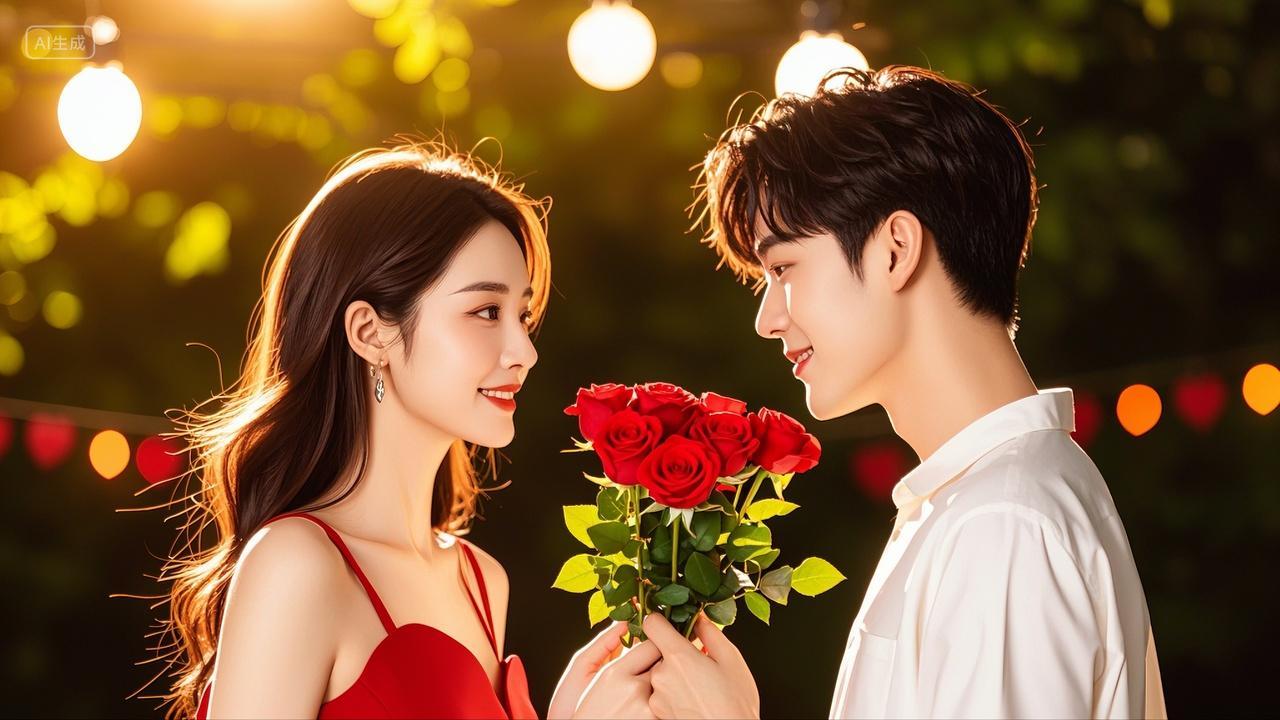 七夕情人节情侣手捧玫瑰花浪漫爱情恋爱