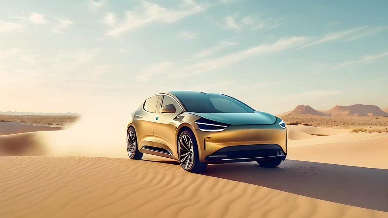 高科技无人驾驶新能源电动车沙漠上行驶扬起灰尘