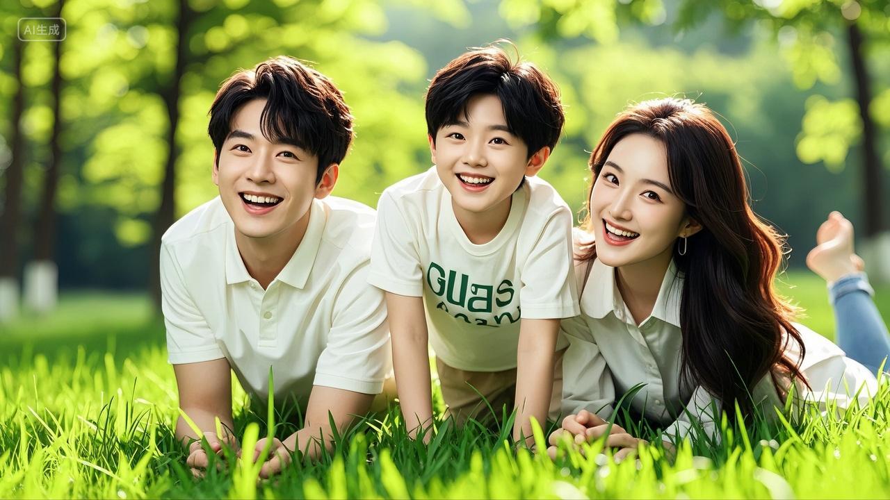 夏日在户外草地上玩耍的一家三口幸福家庭