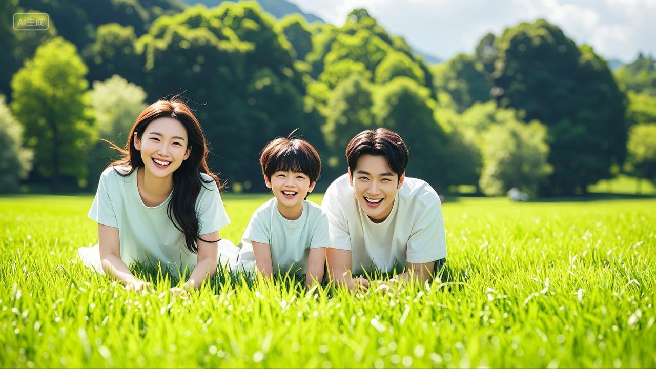 夏日在户外草地上玩耍的一家三口幸福家庭